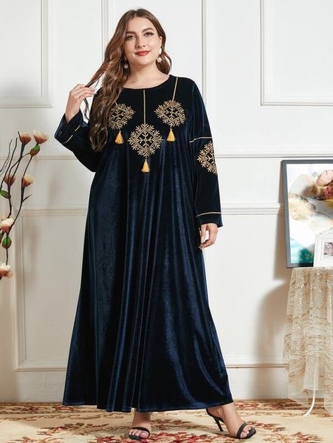 Plus Embroidery Tassel Detail Velvet Dress | SHEIN USA Velvet Dress Plus Size, Velvet Tunic Dress, Winter Maxi, Sleeved Velvet Dress, Luxury Robes, Maxi Dress Winter, Flounce Hem Dress, Velvet Tunic, Dress Muslim