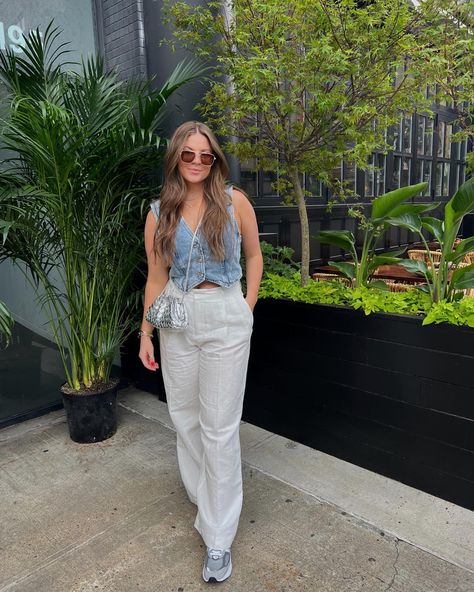 summer outfit inspo | denim vest outfit | linen pants outfit | new balance sneakers | fall outfit inspo | fall fashion Linen Pants With Sneakers, Linen Pants And Sneakers, Sneakers Fall Outfit, Outfit New Balance, Denim Vest Outfit, Linen Summer Outfits, Modest Aesthetic, Pant Outfits For Women, Linen Pants Outfit