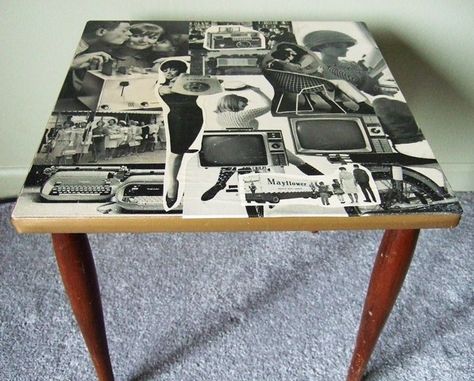 Decoupage Magazine Pages, Magazine Collage Furniture, Decoupage Posters On Furniture, Painted Magazine Table, Magazine Decoupage, Vintage Magazine Table, Side Table Decoupage, Decoupage Coffee Table, Collage Furniture