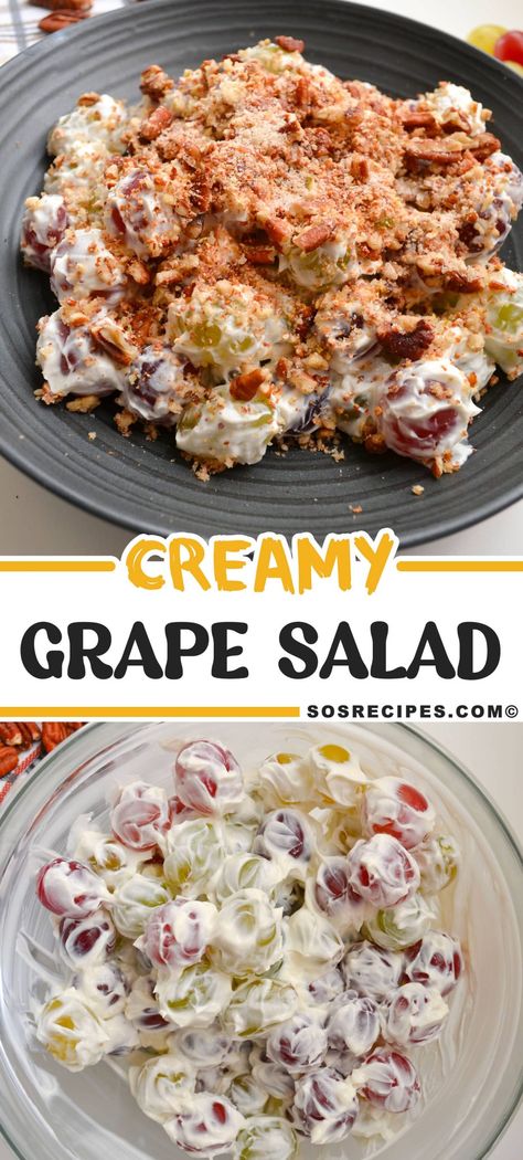 CREAMY GRAPE SALAD via @sosrecipesofficial Grape Butterfinger Salad, Recipes With Grapes, Grape Salad With Cream Cheese, Creamy Grape Salad, Grape Salad Recipe, Fruity Dessert, Grape Nuts, Grape Recipes, Grape Salad