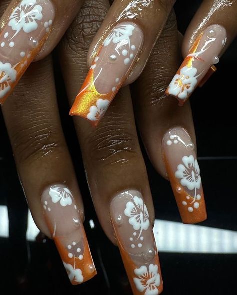 Vibrant Nails, Really Cute Nails, Pearl Nails, Nails Only, Girls Nails, Orange Nails, Square Acrylic Nails, Minimalist Nails, Fire Nails