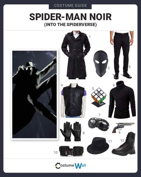 Spiderman Across The Spider Verse Outfit Ideas, Spiderman Noir Outfit, Spider Man Noir Cosplay, Spiderman Noir Cosplay, Men’s Cosplay, Spider Noir Cosplay, Cosplay Characters Men, Cosplay Ideas Men, Spider Man Outfits