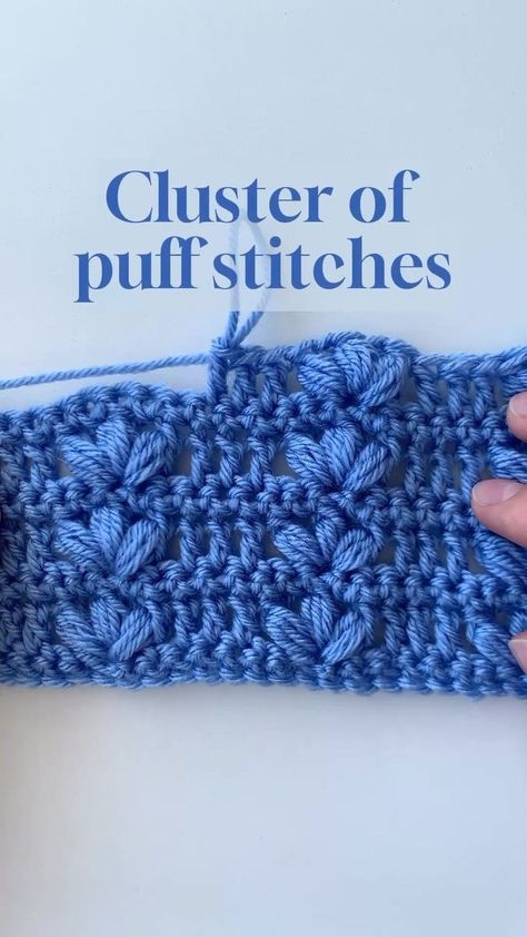 Puff stitch cluster 💙 This is my favorite way to crochet this stitch. Step 1: Skip two stitches and make a Puff stitch: - yarn over, insert hook into the third stitch, pull up a loop - yarn over, insert hook into the same stitch, pull up a loop - yarn over, insert hook into the same stitch, pull up a loop 7 loops on the hook. Pull the yarn through only 6 loops on the hook. 2 loops on the hook, pull the yarn through all loops on the hook. The first puff stitch is ready. Step 2: Make Ch1. Step 3 Puffy Crochet Stitch, Puff Crochet Stitch, Puff Spike Stitch Crochet, How To Make A Crochet Puff Stitch, Crochet Braided Puff Stitch, 50x60’ Blanket Crochet Puff Stitchpattern, Puff Stitch, Pull Ups, Yarn