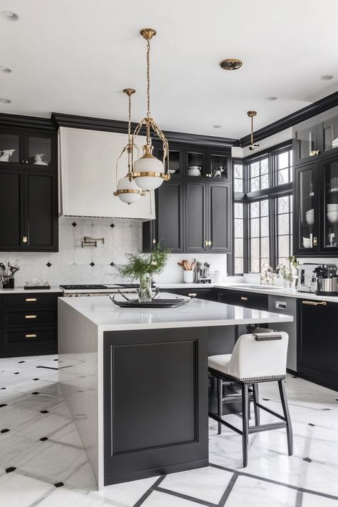 Modern kitchen with black cabinets, white countertops, gold accents, and a marble floor. White Kitchen With Black Granite Countertops, Black Island Cream Cabinets, Black And White Home Aesthetic, Black And White Tile Kitchen, Black And White Pantry, Black And White Home Interior, Geometric Tile Floor, Black And White Kitchens, Black And White Kitchen Ideas