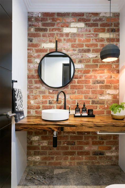 20 Masculine Bathroom Ideas With Exposed Brick Walls | Home Design And Interior Brick Tiles Bathroom, Brick Bathroom, Masculine Bathroom, Interior Dapur, Small Bathtub, Small Bathroom Sinks, Modern Bathroom Tile, Small Sink, Decor Baie