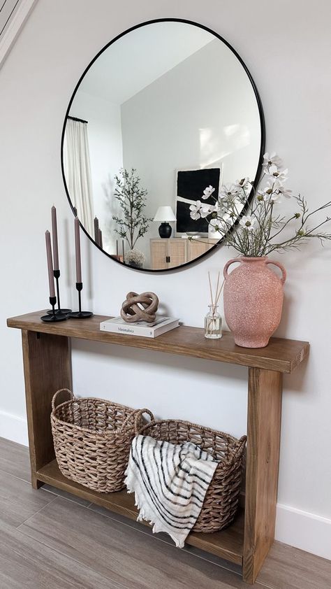 Minimalist Entry Table, Table By Stairs, Entry Table Decor Ideas, Entry Table Decor, Nathan James, Console Table Styling, Console Table Decorating, Entryway Table Decor, Wide Sideboard