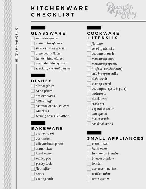 Kitchen Items List, Housewarming Registry, Small Drinking Glasses, Lady Lair, Kitchen Checklist, Cookbook Storage, Kitchen Essentials List, Fly Lady, First Apartment Checklist