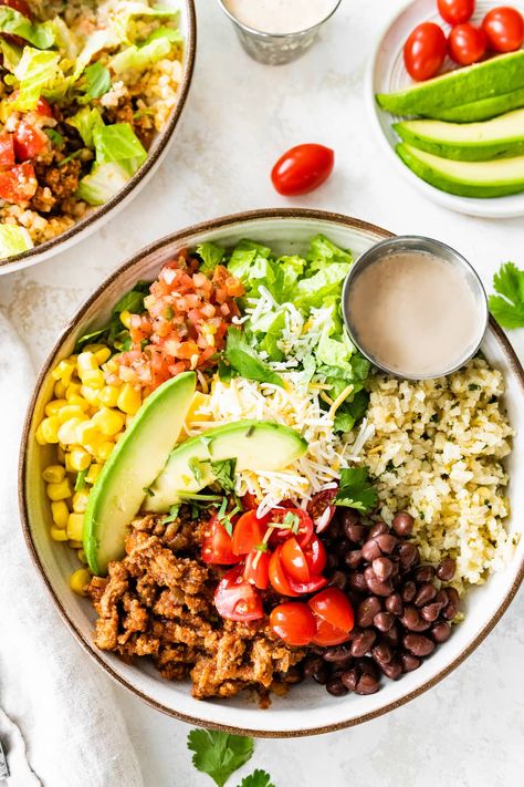 Ground Turkey Taco Bowl, Turkey Taco Meal Prep, Turkey Taco Bowl, Taco Meal Prep, Turkey Taco Bowls, Ground Turkey Taco Salad, Southwest Dressing, Turkey Taco Salad, Taco Meal