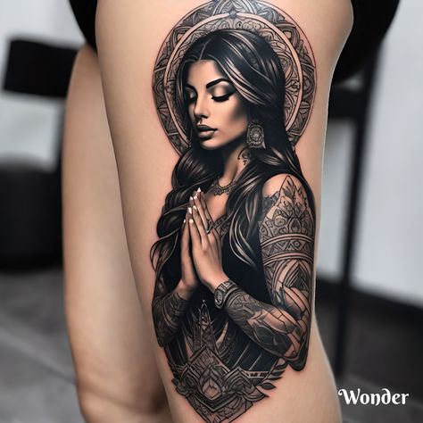 Cute Thigh Tattoos, Realistisches Tattoo, Egyptian Tattoo Sleeve, Mommy Tattoos, Wicked Tattoos, Cartoon Clothing, Angel Tattoo Designs, Fashion Sweatshirts, Full Body Tattoo