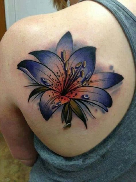 Dark blue watercolor lily tattoo on shoulder blade - 55+ Awesome Lily Tattoo Designs  <3 <3 Amaryllis Tattoo, Lily Tattoo Meaning, Tiger Lily Tattoos, Lillies Tattoo, Lily Tattoo Design, Lily Flower Tattoos, Shoulder Blade Tattoo, Flower Tattoo Meanings, Purple Lily