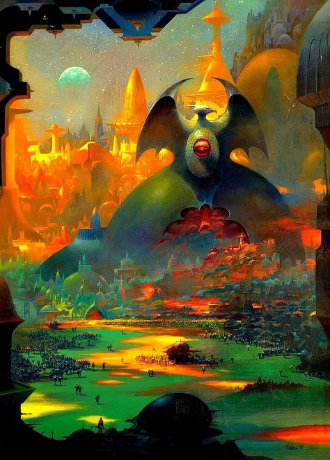 Paul Lehr, Star Elf, Dragon Motif, 70s Sci Fi Art, Arte Peculiar, Scifi Fantasy Art, Cosmic Horror, Futuristic Art, Space City