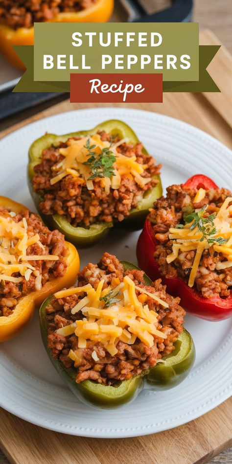 Savor the flavor of these Stuffed Bell Peppers! A perfect balance of seasoned meat, rice, and veggies, all baked inside a sweet bell pepper for a wholesome, one-dish meal. Stuff Bell Pepper Recipes, Dinner Ideas Healthy Easy, Meat And Veggie Meals, Easy Stuffed Bell Peppers, Stuffed Pepper Recipes, Stuffed Bell Peppers Recipe, Stuffed Peppers Beef, Veg Meals, Rice And Veggies