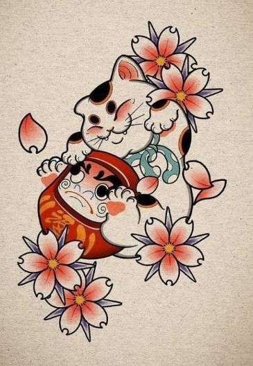 Maneki Neko Tattoo, Tattoo Daruma, Daruma Tattoo, Daruma Doll Tattoo, Hai Tattoo, Tattoo Gato, Traditional Japanese Tattoo Flash, Lucky Cat Tattoo, See Tattoo