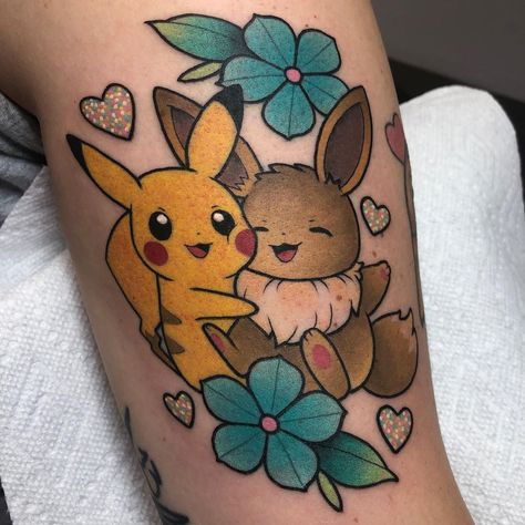 3,470 Likes, 28 Comments - Alex (@alexstrangler) on Instagram: “Pikachu and Eevee for Krystal. Thank you! 💖” Pikachu Eevee Tattoo, Eevee And Pikachu Tattoo, Jigglypuff Drawing, Angry Jigglypuff, Eevee Tattoo, Pikachu And Eevee, Juliet Stevenson, Pokemon Tattoos, Video Game Tattoos