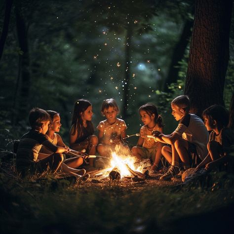 "Enchanted Forest Campfire: #Kids gather around a glowing #bonfire in the #woodlands, sharing stories and roasting #marshmallows under #starlight. #storytime #aiimagine #aipics #digitaldownload ⬇️ Download and 📝 Prompt 👉 https://stockcake.com/i/enchanted-forest-campfire_276392_55326". Family Campfire Photoshoot, Campfire Family Photos, Campfire Family Photoshoot, Campfire Aesthetic Friends, People Around Campfire, Bonfire Photos, Bonfire Photoshoot, Campfire Pictures, Campfire Photoshoot