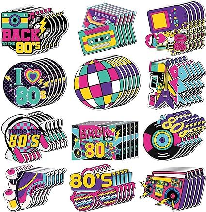 Seajan 60 Pcs Back to The 80s Party Decoration Cutouts Accents Retro 1980s Hip Hop Cutouts Radio Roller Skating Cassette Tape Cutouts Throwback Birthday Party Neon Party Rock Hippie Party Supplies 80s Skating Rink, Skating Rink Party, Back To The 80s Party, Retro Party Decorations, Birthday Party Neon, Tie Dye Birthday Party, 80s Party Decorations, 80s Birthday Parties, Tie Dye Birthday