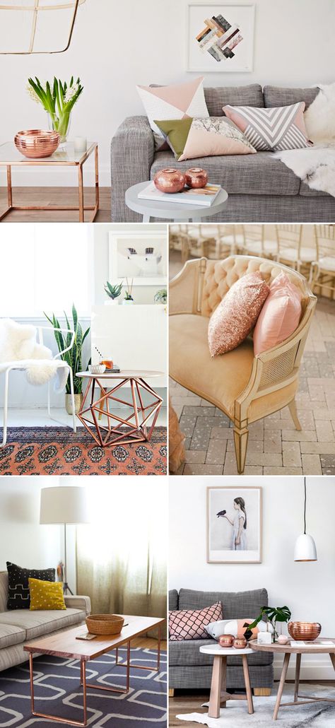 Can't Get Enough of Rose Gold! 30 Trendy Rose Gold Home Décor Ideas! - Praise Wedding Rose Gold Bedroom Accessories, Rose Gold Home Decor, Rose Gold Room Decor, Gold Mobile, Rose Gold Bedroom, Copper Blush, Gold Living Room Decor, Grey Couch, Gold Living