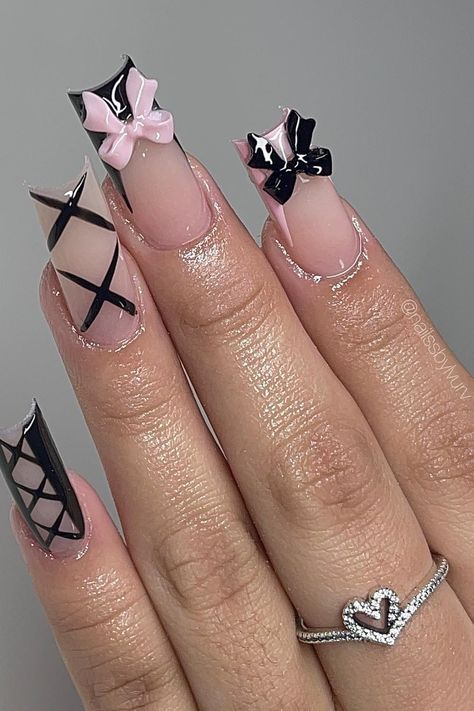 Effortlessly Chic: Sculpted cutout nails adorned in sheer pink with bold black lattice and adorable bows create a stunningly sophisticated look with a playful twist. // Photo Credit: Instagram @nailssbylvurv Pink Black Nails, Bow Nail Art, Black Acrylic Nails, Punk Nails, Long Nail Designs, Cute Acrylic Nail Designs, Classy Acrylic Nails, Short Square Acrylic Nails, Fire Nails