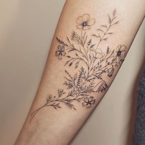 Lower Inner Arm Tattoo, Fineline Wildflower Tattoo, Fineline Floral Tattoo, Lower Arm Tattoos, Silver Tattoo, Inner Arm Tattoos, Forearm Flower Tattoo, Inner Bicep Tattoo, Paris Tattoo