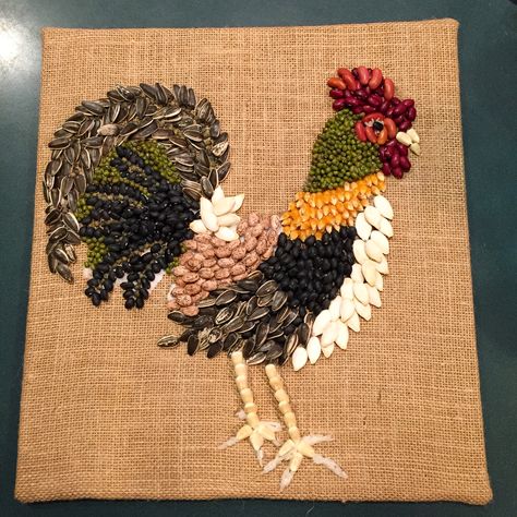 My bean and seed art Rooster Seed Art For Kids, Rooster Craft, Seed Craft, Seed Art, Art Coquillage, Rooster Art, Creation Art, Siluete Umane, Chicken Art