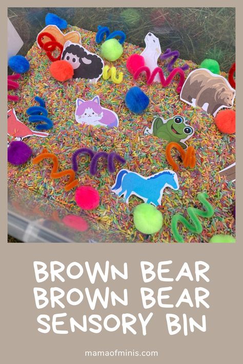 Brown Bear Brown Bear Sensory Bin Eric Carle Sensory Activities, Brown Bear Color Matching, Sensory Bin Setup, Preschool Brown Bear Activities, Brown Bear Brown Bear Sensory Bin, Brown Bear Book Activities, Brown Bear Sensory Bin, Brown Bear Activities For Toddlers, Eric Carle Sensory Bin