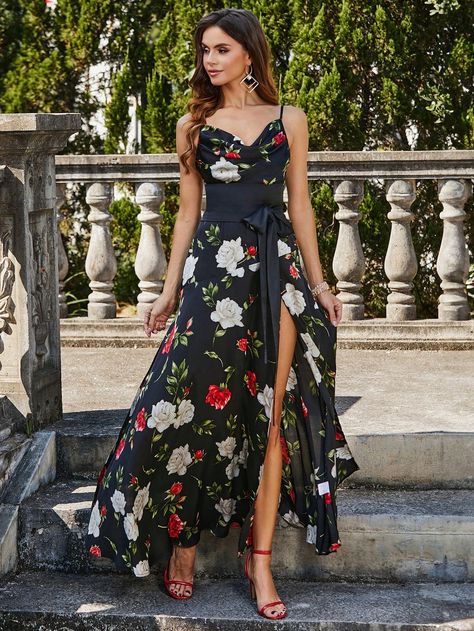 Black  Collar Sleeveless Woven Fabric Floral A Line,Cami Embellished Non-Stretch  Weddings & Events A Line Dresses For Women, Dress For Evening Party, Flowery Dress, Dress For Evening, Flowery Dresses, Black Floral Maxi Dress, 파티 드레스, Sequin Party Dress, Women Formals