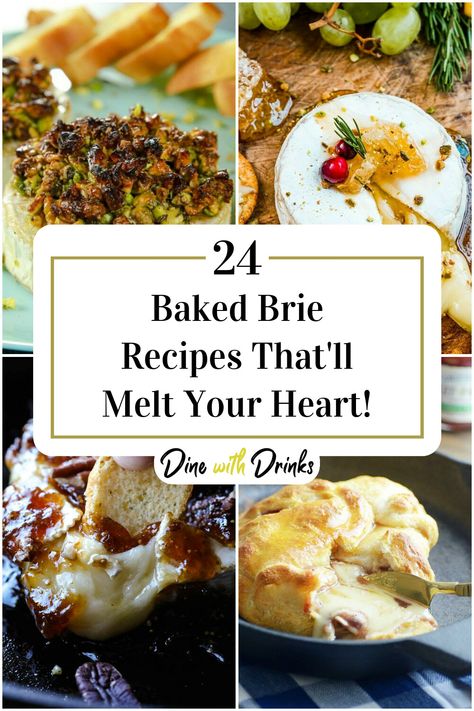 Collage of 4 baked brie recipes. Baked Brie En Croute Recipes, Savoury Brie Recipes, Melted Brie Recipes, Baked Brie In Brie Baker, Phyllo Baked Brie, Brie Cheese Appetizer Baked, Christmas Brie Recipes, Savory Baked Brie Recipes, Brie Baker Recipes