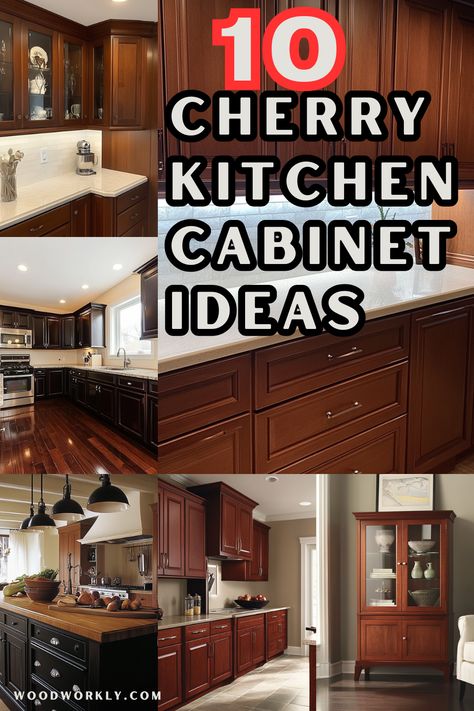 Transform your kitchen with cherry cabinets! Discover beautiful designs that bring warmth, elegance, and timeless style to your space. Click for inspiring ideas! #CherryCabinets #KitchenDesign #HomeDecor #DIYProjects #InteriorDesign Cherry Cabinets Backsplash Ideas, Kitchen Mahogany Cabinets, Rustic Cherry Kitchen Cabinets, Backsplash Kitchen Cherry Cabinets, Cherry Stained Kitchen Cabinets, Wood Floors Wood Cabinets, Countertops For Cherry Cabinets, Modern Cherry Cabinets Kitchen, Types Of Wood Cabinets