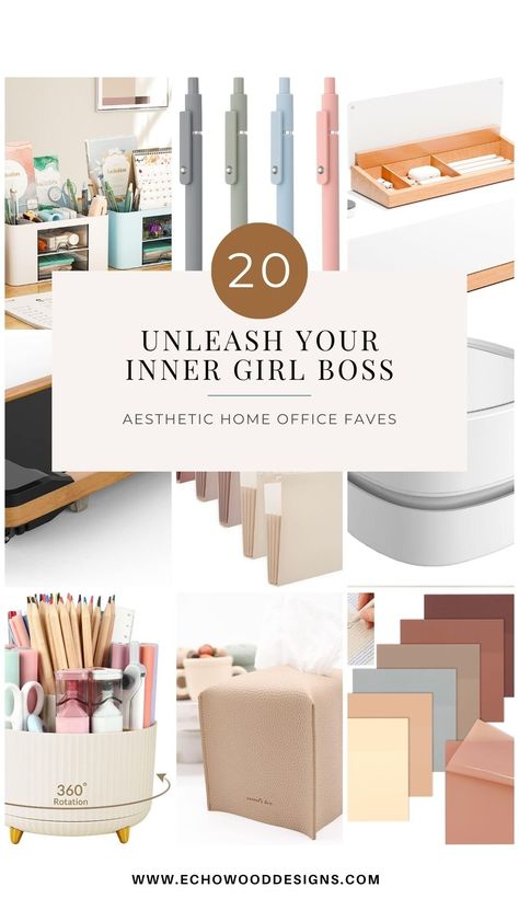 20 Aesthetic Finds For A Gorgeous Home Office — Echowood Designs Office Essentials Women, Office Desk Decor For Work Cubicle, Work Office Decor Professional, Girlboss Office, Girly Home Office, Amazon Home Office, Work Desk Organization, Work Office Ideas, Aesthetic Finds