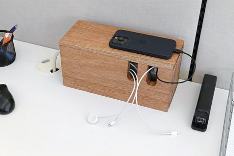 How To Organize Cables with a DIY Cable Management Box Diy Cable Organizer, Diy Cable Management, Cable Management Diy, Diy Wooden Box, Organize Cables, Cable Organization, Cable Organizer Box, Wooden Box Diy, Cable Management Box