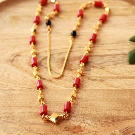 Mangalore Coral Mangalsutra Designs - Dhanalakshmi Jewellers Coral Mangalsutra, Mangalsutra Designs Indian, Gold Mangalsutra Designs Indian, Beads Gold Necklace, Long Mangalsutra, Ruby Necklace Designs, Ruby Jewelry Necklaces, Coral Jewellery, Coral Jewelry Set