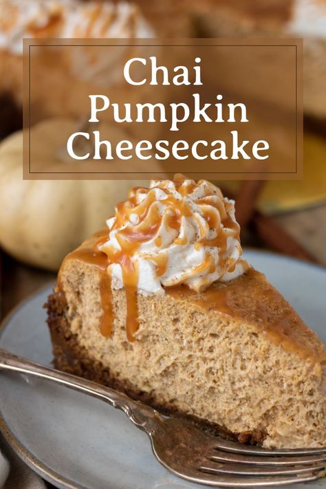 Chai Pumpkin Cheesecake with Gingersnap Crust Recipe Pumpkin Cheescake, Pumpkin Cheesecake With Gingersnap Crust, Chai Cheesecake, Cheesecake Deserts, Cheesecake With Gingersnap Crust, Spiced Whipped Cream, Pumpkin Spice Cheesecake, Winter Dessert, Gingersnap Crust