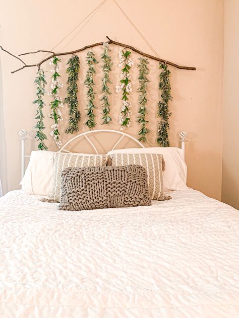 Eucalyptus Wall Hanging Above Bed, Ivy On Bedroom Wall, Wall Decor Above Bed Aesthetic, Greenery Behind Bed, Over Bed Garland, Greenery Over Bed, Things To Put Over Your Bed, Diy Vine Wall Bedroom, Over Bed Decoration