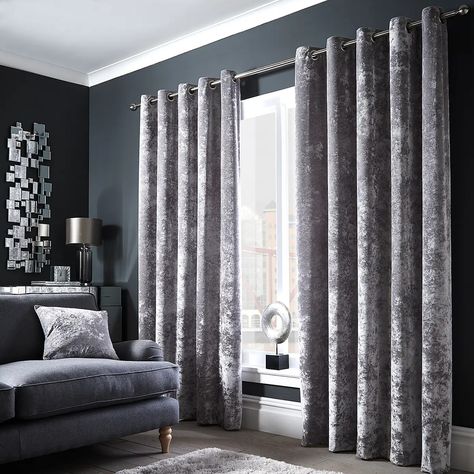 Modern Curtain Design, Grey Velvet Curtains, Livng Room, Charcoal Curtains, Curtains Dunelm, Silver Curtains, Sitting Room Design, Eyelet Curtains, Types Of Curtains