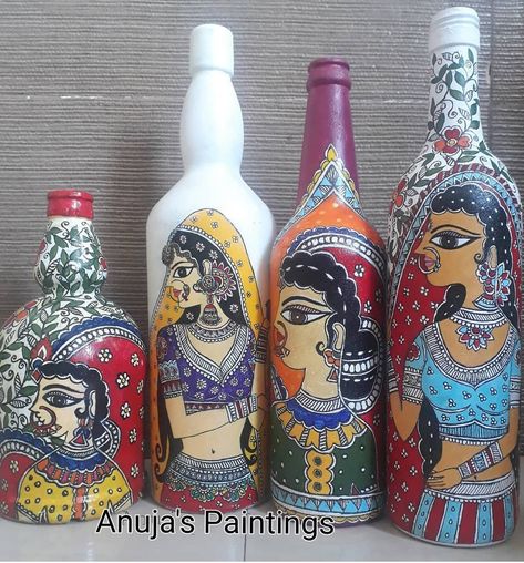 Ganesh Art Paintings, Abstract Art Paintings Acrylics, Painted Bottle, Diy Glass Bottle Crafts, Ganesh Art, Glass Bottles Art, Disney Wall, Madhubani Art, Shiva Art