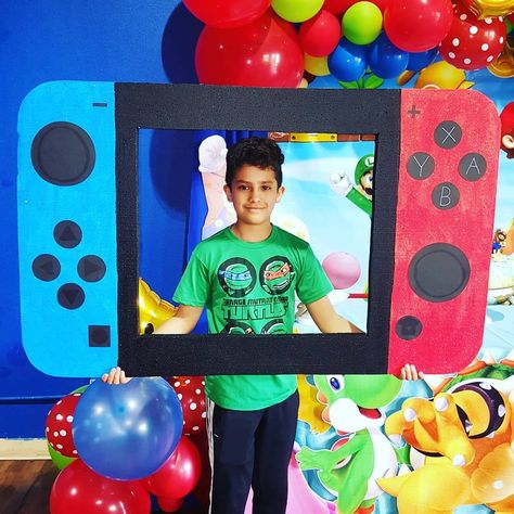 Nintendo Switch Nintendo Party Decorations Diy, Nintendo Switch Photo Booth, Gamer Party Decorations Diy, Video Game Photo Booth, Nintendo Switch Bulletin Board, Nintendo Switch Balloon Garland, Switch Theme Party, Giant Sorry Pieces Diy, Nintendo Switch Trunk Or Treat