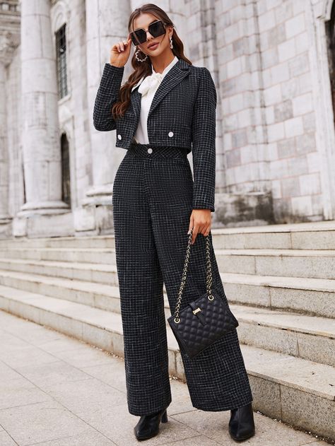 Black and White Elegant  Long Sleeve Tweed Plaid   Non-Stretch Fall/Winter Women Suits Tweed Outfit Women, Tweed Suit Women, Blazer Wide Leg Pants, Tweed Jacket Outfit, Spring Business Casual Outfits, Tweed Outfit, Black And White Suit, Spring Business Casual, Office Wear Women