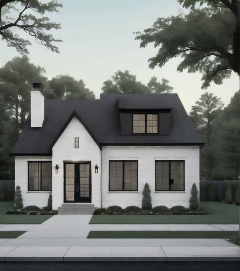 Discover the perfect blend of modern and classic design in this stunning home.  Built for wellness and a luxurious lifestyle. Starter Home Exterior, White Exterior House Black Trim, House With Black Accents, Brick Cottage, White Exterior Houses, Starter Home, White Brick, Modern Houses, Colonial Style