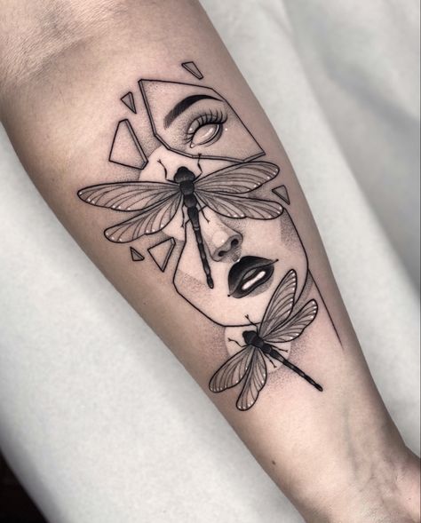 Broken Face Tat, Shattered Face Tattoo, Green Eye Tattoo Realistic, Beauty In Brokenness Tattoo, Dissociated Identity Art Tattoo, Cracked Face Tattoo, Woman Butterfly Face Tattoo, Woman Mask Tattoo, Self Reflection Tattoo