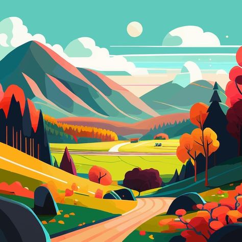 Nature flat landscape illustration in fu... | Premium Vector #Freepik #vector #flat-landscape #mountain-illustration #nature-illustration #landscape-illustration Flat Landscape, Animal Pins, Funky Style, Scene Design, Vector Art Illustration, Landscape Illustration, Nature Illustration, Landscape Ideas, Flat Illustration