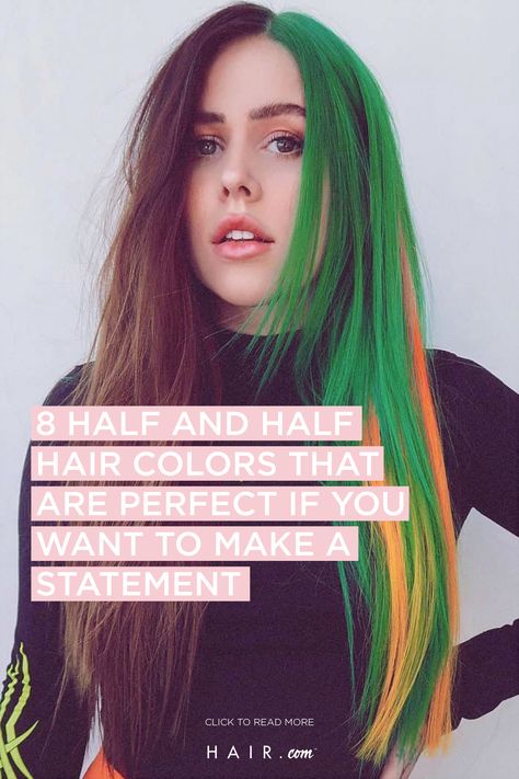 If you want to stand out and make a statement, try these half and half hair colors for a bold look. Half Half Hair Color, Half Hair Color Ideas, Orange And Green Hair, Half Hair Color, Half And Half Hair Color, Long Crochet Hair, Witch Attire, Hair Wishlist, Pink And Orange Hair