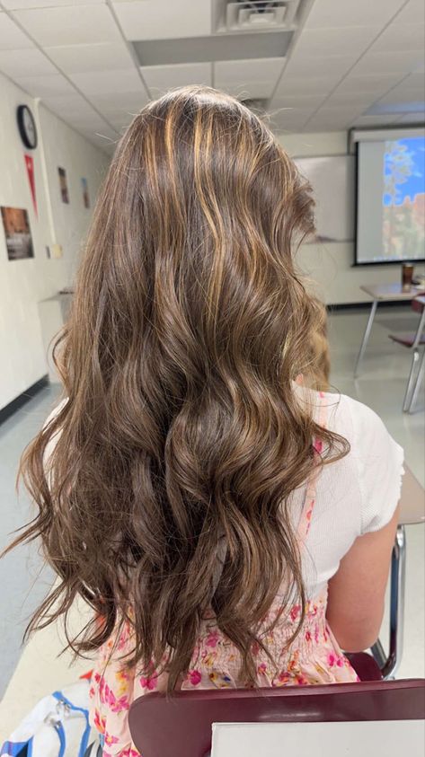 Brown With Toffee Highlights, Level 7 Hair Color, Brown Hair Caramel, Caramel Hair Highlights, Hair Caramel, Caramel Brown Hair, Brown Wavy Hair, Partial Highlights, Caramel Toffee