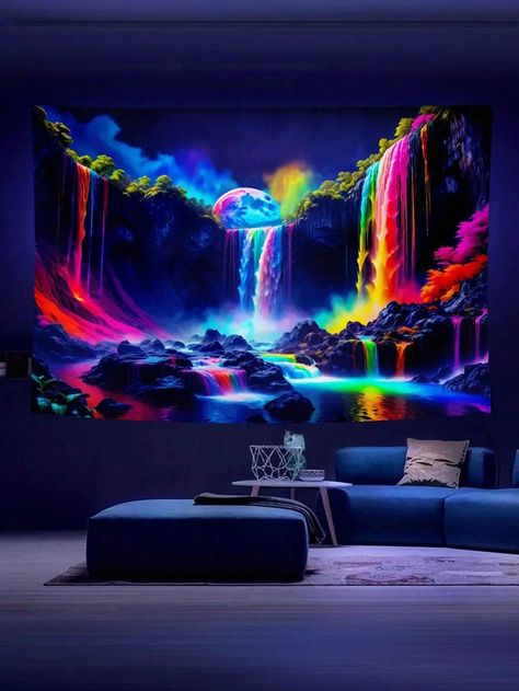 1 Piece Mountain Waterfall Rainbow Forest Fluorescent Tapestry, Color Changing Tapestry Under UV Blacklight With Galaxy Natural Landscape, Wall Hanging Decoration For Living Room Bedroom Office Home/Room/Party Decor Black    Fabric     Home Decor, size features are:Bust: ,Length: ,Sleeve Length: