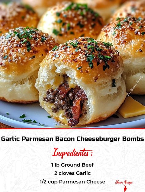 Family Cook Recipes | Garlic Parmesan Bacon Cheeseburger Bombs | Facebook Garlic Parmesan Bacon Cheeseburger Bombshell, Garlic Parmesan Cheeseburger Bombshell, Fancy Food Presentation, Cheese Burger, Cook Recipes, Slider Recipes, Bacon Cheeseburger, Fancy Food, Family Cooking