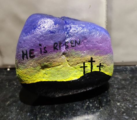 He Is Risen Rock Painting, Christian Rock, Matthew 28, Stone Art Painting, Christian Stuff, He Is Risen, Stone Art, Rock Painting, Stone Painting