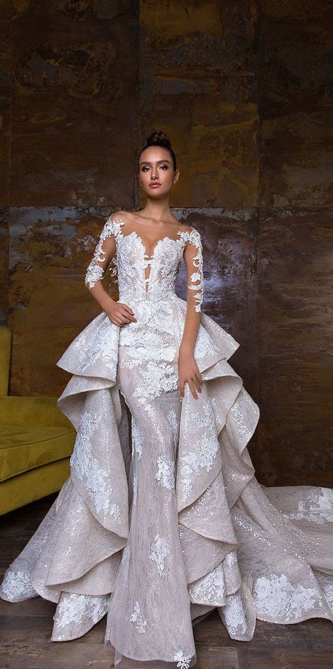 wedding dress with detachable skirt,detachable wedding dress train,wedding dress with detachable overskirt,mermaid wedding dress with detachable train,wedding dresses,wedding jumpsuit with detachable skirt #weddingdress #weddinggown Transformer Dress, Convertible Wedding Dresses, Couture Dior, Long Sleeve Bridal Dresses, Skirt Diy, Long Sleeve Wedding Gowns, Detachable Skirt, Detachable Train, Wedding Gowns Mermaid