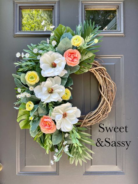 #magnolia #summerwreath #springdecor #magnoliawreath #frontdoordecor #frontdoorwreath #yellow #peaches Diy Spring Wreath, Magnolia Wreath, Bow Holder, Wreath Decor, Front Door Decor, Summer Wreath, Wreaths For Front Door, Spring Wreath, Diy Wreath