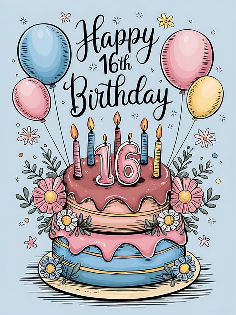 Free Happy 16th Birthday Happy 16th Birthday Girl, Happy Sweet 16 Birthday Wishes, Cake And Balloons, 16th Birthday Wishes, Happy Sweet 16, Birthday Wishes Girl, 16th Birthday Card, Cake Vector, Kids Cartoon Characters