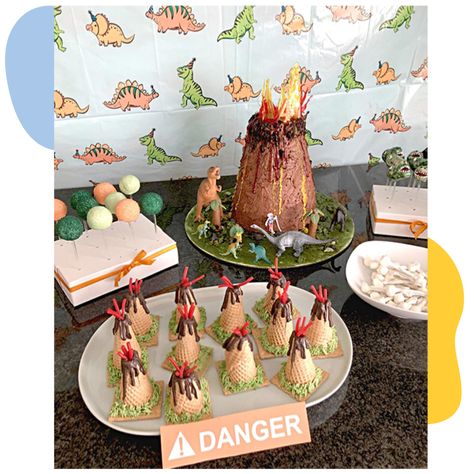 Dinosaur Desserts, Dinosaur Dessert Table, Chocolate Covered Pretzel Sticks, Three Rex Birthday, Birthday Dessert Table, T Rex Cake, Volcano Cake, Chocolate Buttercream Icing, Dirt Pudding