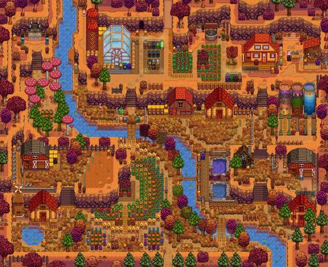 Hill-top farm, fall year 3 Stardew Farms, Pathway Ideas, Stardew Valley Layout, Stardew Valley Tips, Stardew Valley Farms, Stardew Valley Fanart, Top Farm, Farm Plans, Farm Layout